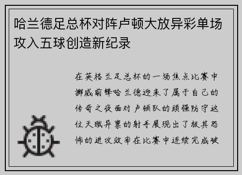 哈兰德足总杯对阵卢顿大放异彩单场攻入五球创造新纪录 哈兰德足总杯对阵卢顿大放异彩单场攻入五球创造新纪录
