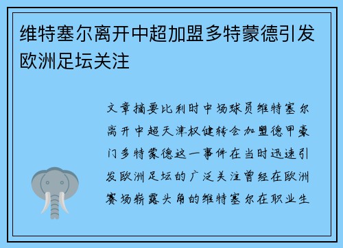 维特塞尔离开中超加盟多特蒙德引发欧洲足坛关注
