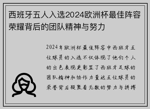 西班牙五人入选2024欧洲杯最佳阵容荣耀背后的团队精神与努力 西班牙五人入选2024欧洲杯最佳阵容荣耀背后的团队精神与努力